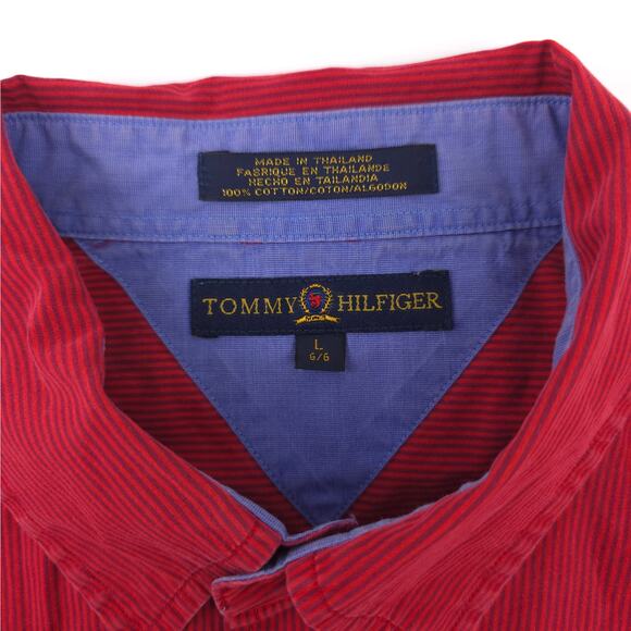 Vtg Tommy Hilfiger Shirt Mens L Red Stripe Cotton Button Down Preppy 90s Classic - Picture 5 of 8